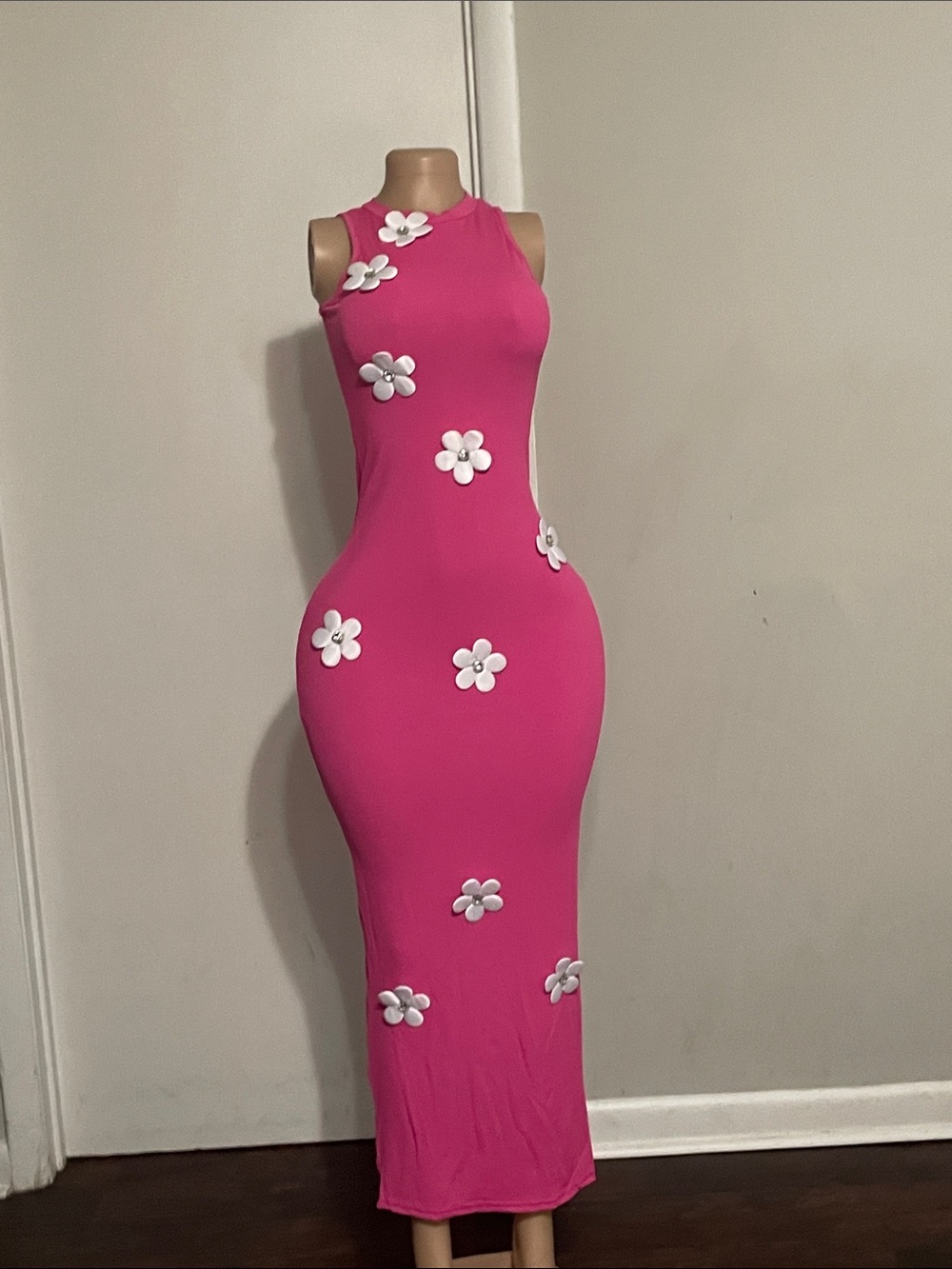 Pink Sleeveless Maxi Dress with White Floral Appliqués